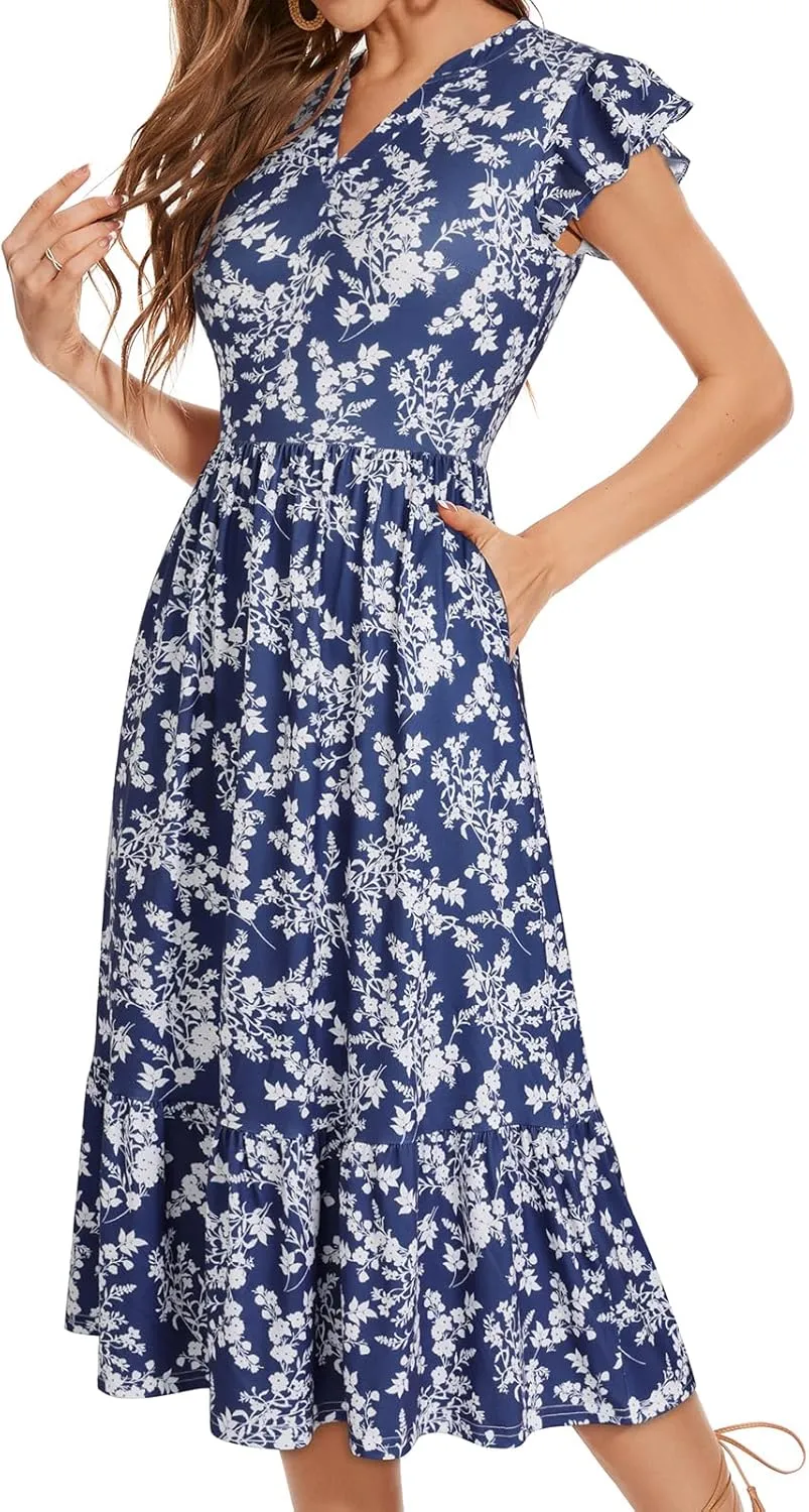 Midi Dresses for Women 2025 Casual with Pockets Ruffle Sleeve Notched Neck A Line Tiered Boho Beach Summer Sundresses