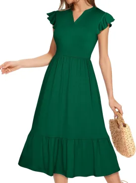 Midi Dresses for Women 2025 Casual with Pockets Ruffle Sleeve Notched Neck A Line Tiered Boho Beach Summer Sundresses