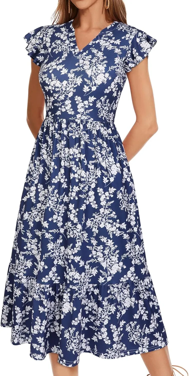 Midi Dresses for Women 2025 Casual with Pockets Ruffle Sleeve Notched Neck A Line Tiered Boho Beach Summer Sundresses
