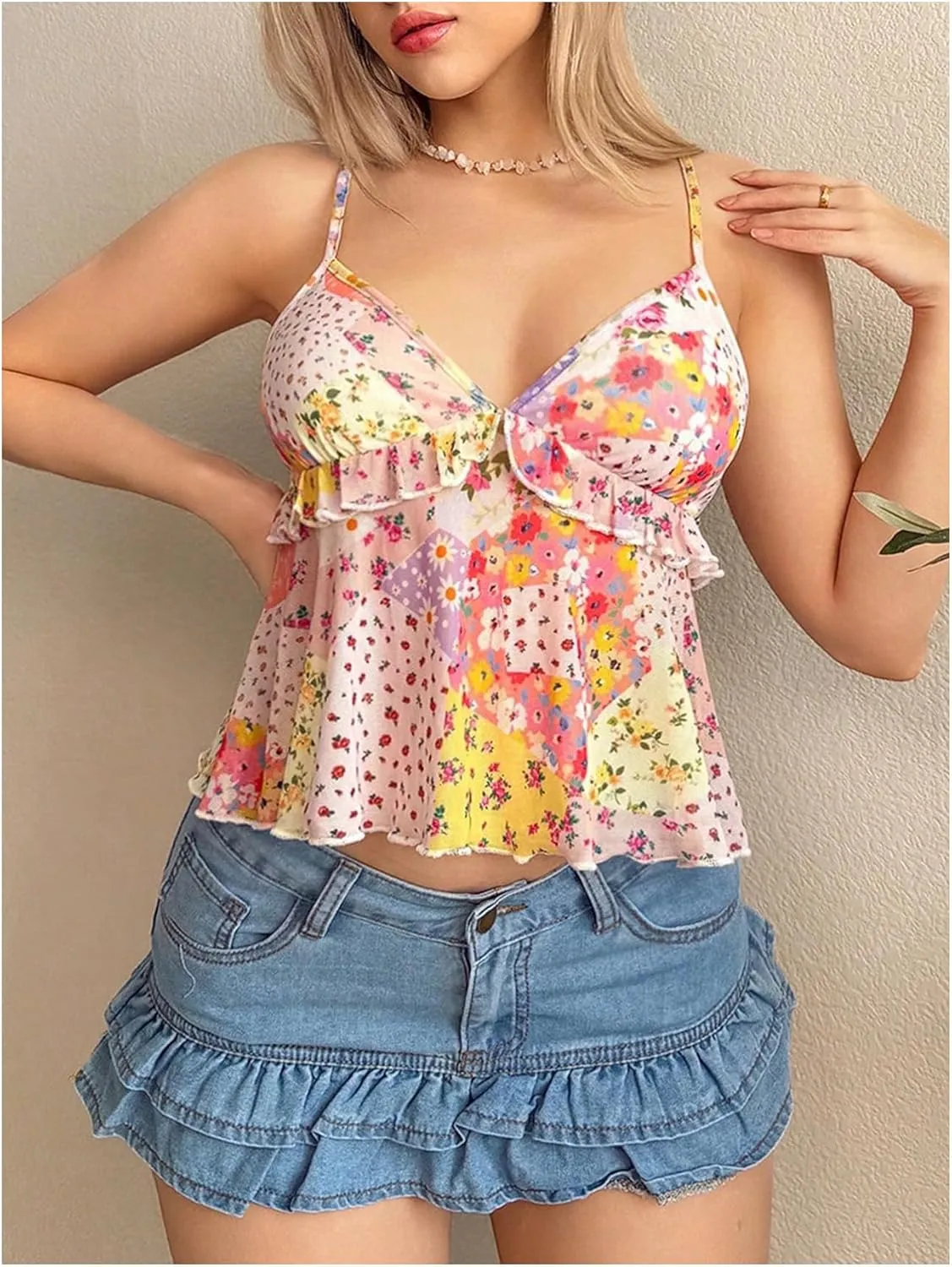 Milumia Women's Floral Mesh Cami Crop Top V Neck Ruffle Spaghetti Strap Tank Tops