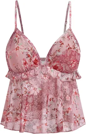 Milumia Women's Floral Mesh Cami Crop Top V Neck Ruffle Spaghetti Strap Tank Tops