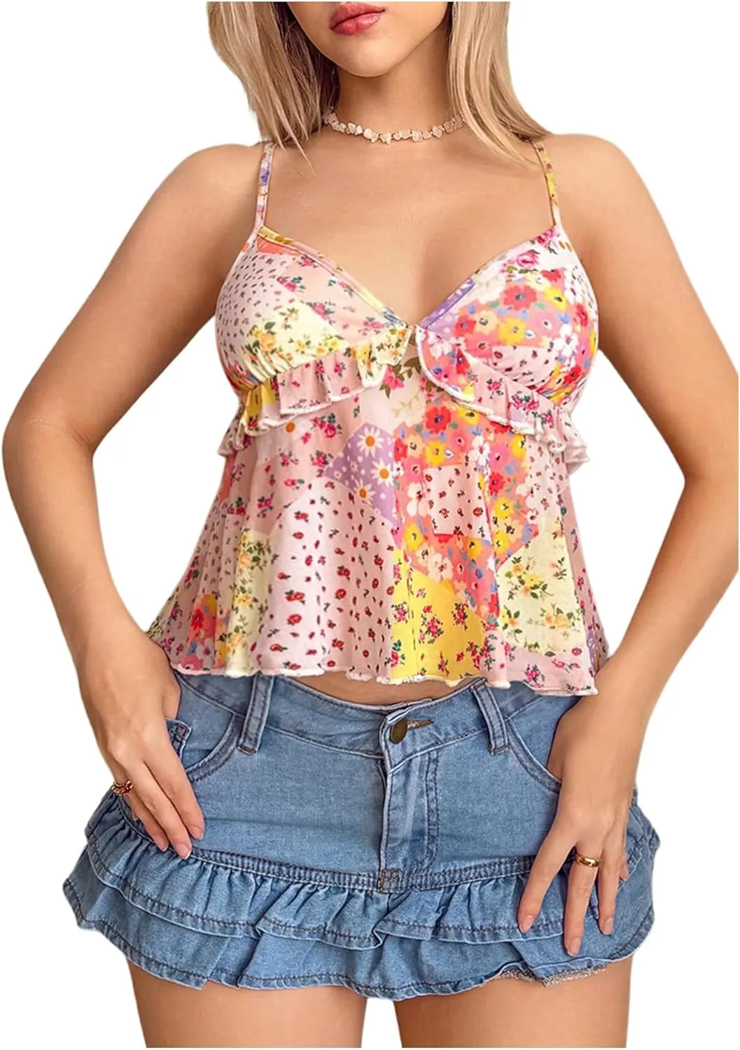 Milumia Women's Floral Mesh Cami Crop Top V Neck Ruffle Spaghetti Strap Tank Tops