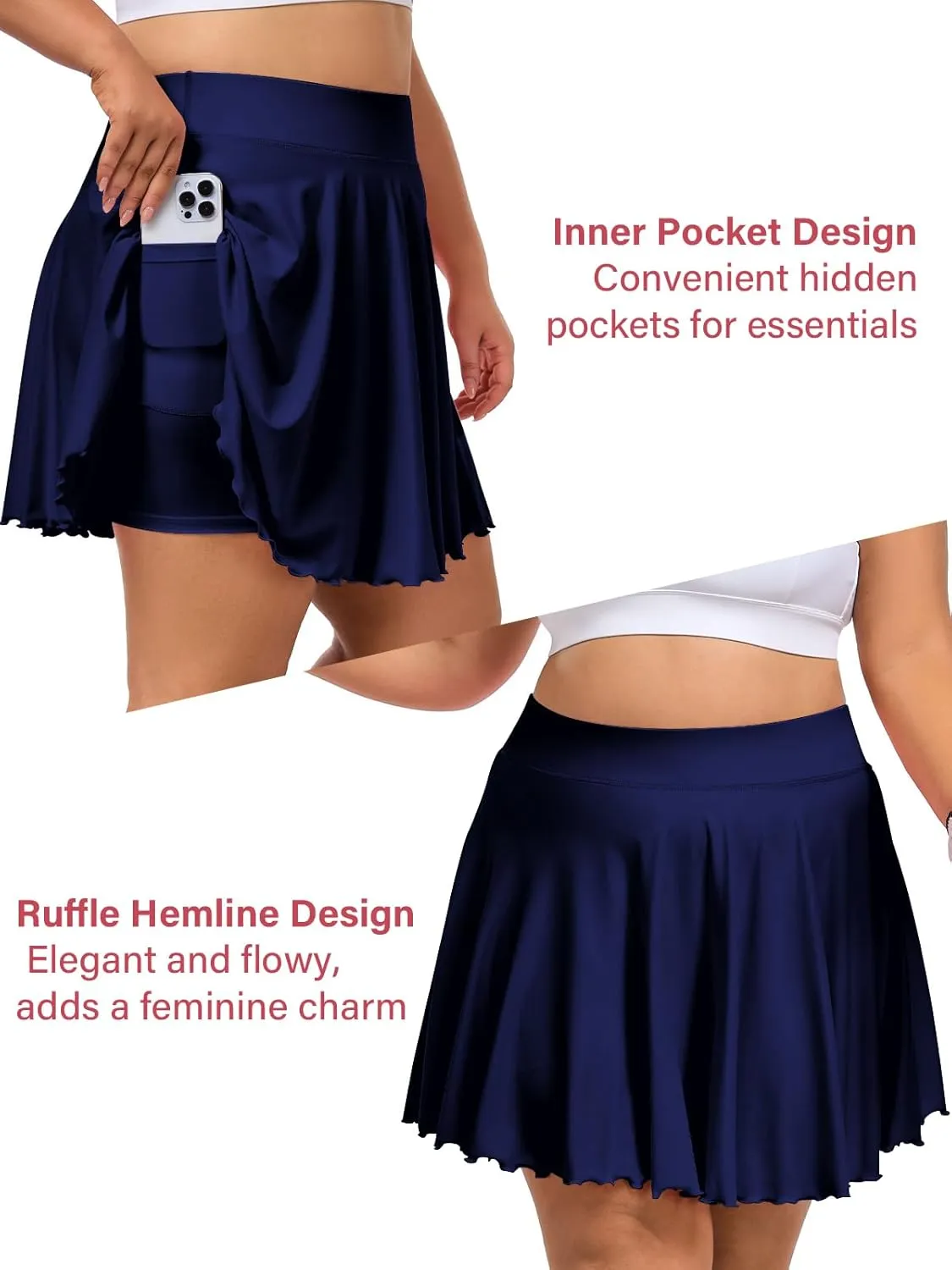 Moon Wood Women Plus Size Mini Skirt Casual Ruffle Mini Skirt Stretchy Tennis Skirt with Shorts