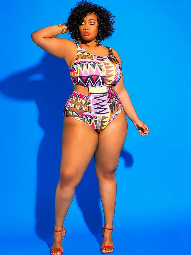 One Piece Hollow Out Geometric Print Swimsuit