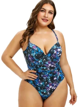 One Piece Tie Dye Print Criss Cross Swimsuit