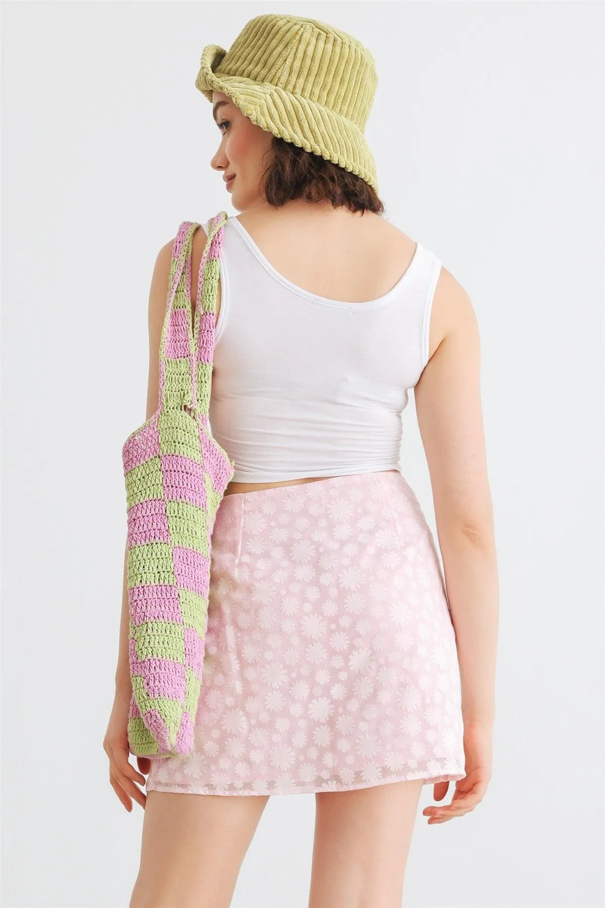Pink Floral Cotton Blend High Waist Mini Skirt