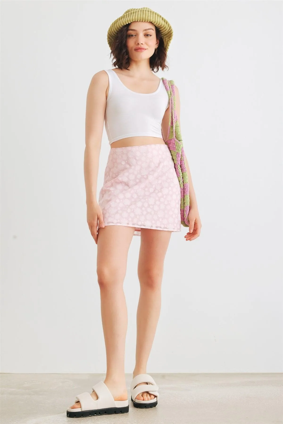 Pink Floral Cotton Blend High Waist Mini Skirt