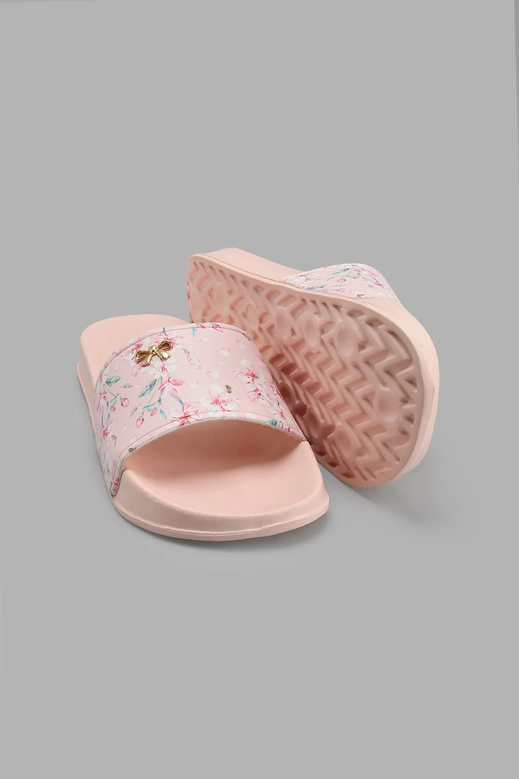 Pink Floral Slide With Bow Trim