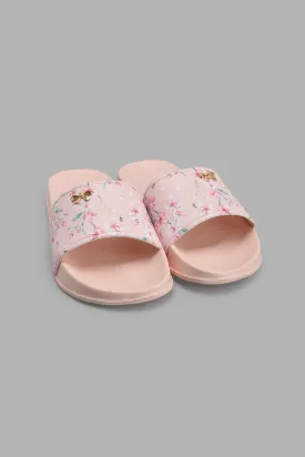 Pink Floral Slide With Bow Trim