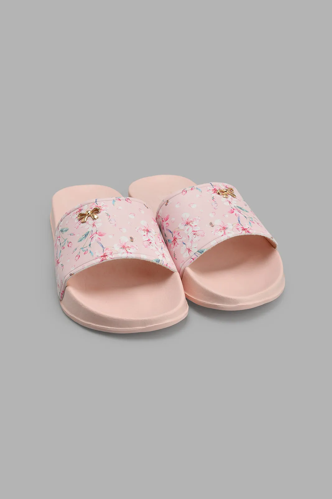 Pink Floral Slide With Bow Trim