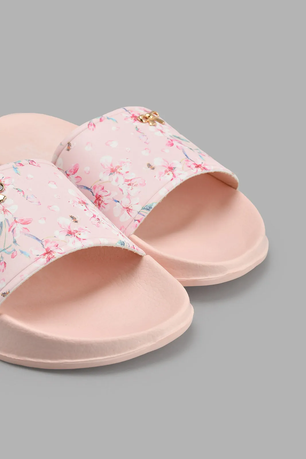 Pink Floral Slide With Bow Trim