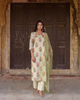 Pista Green Chanderi Printed Kurta Suit Set with Organza Dupatta