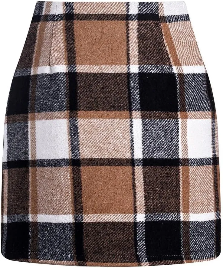 Plaid Skirt for Women Fall Mini Tweed Skirt Casual High Waisted Wool Skirts Elegant Bodycon Pencil Skirt