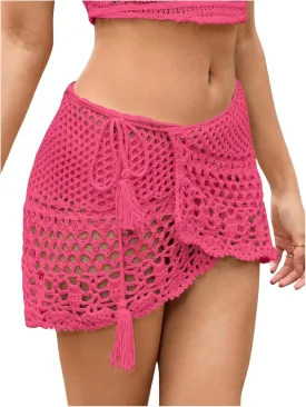SHENHE Women's Hollow Out Sheer Crochet Wrap Skirt Scalloped Sexy Boho Mini Skirt