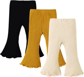 SOBOWO Baby Girl Flare Pants 3 Pack Toddler Solid Ribbed Ruffle Bell Bottoms Pants Trousers Fall Outfits