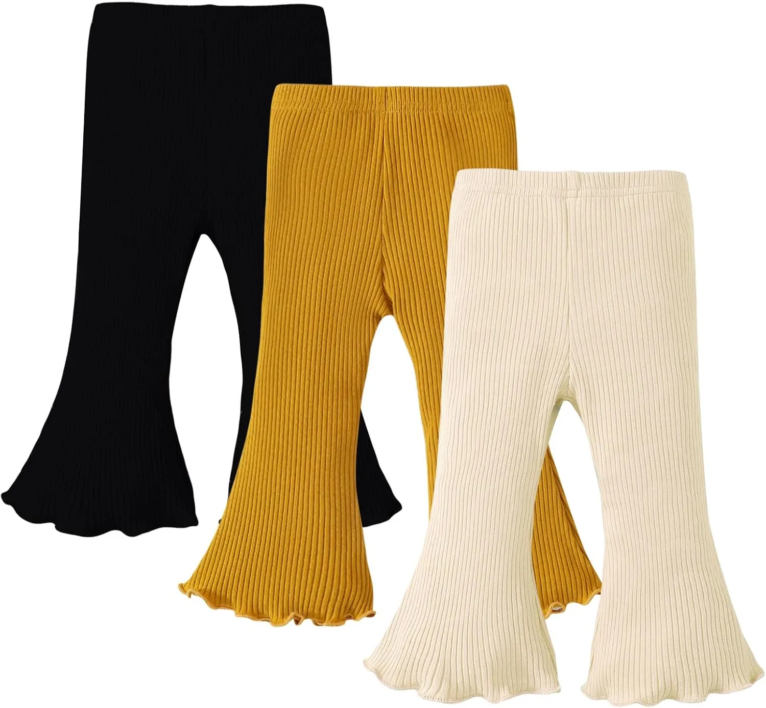SOBOWO Baby Girl Flare Pants 3 Pack Toddler Solid Ribbed Ruffle Bell Bottoms Pants Trousers Fall Outfits