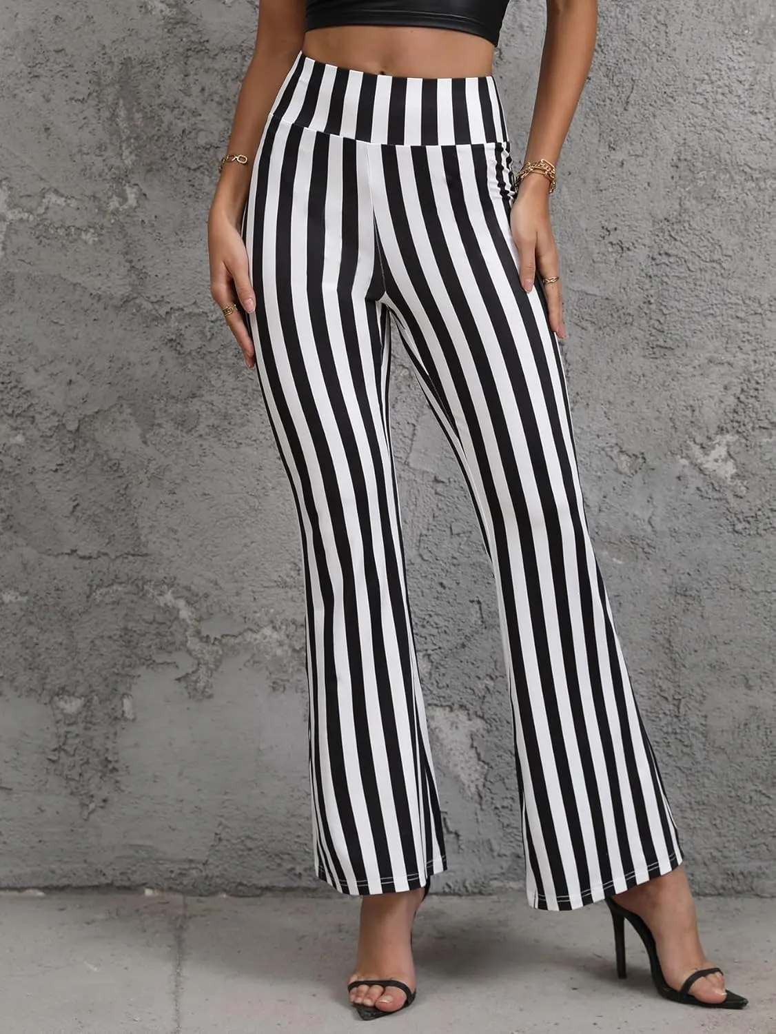 SOLY HUX Women's Striped Elastic High Waist Flare Leg Long Pants Casual Trousers