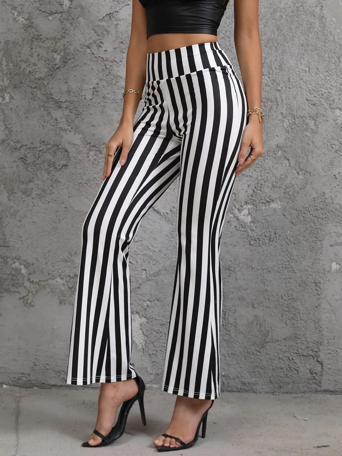 SOLY HUX Women's Striped Elastic High Waist Flare Leg Long Pants Casual Trousers