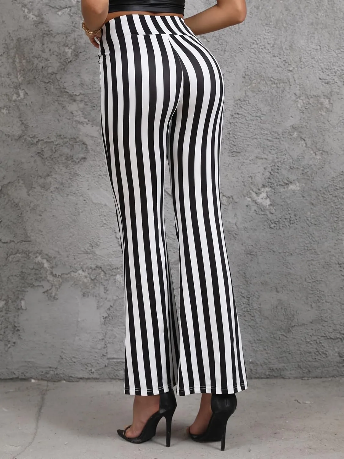 SOLY HUX Women's Striped Elastic High Waist Flare Leg Long Pants Casual Trousers