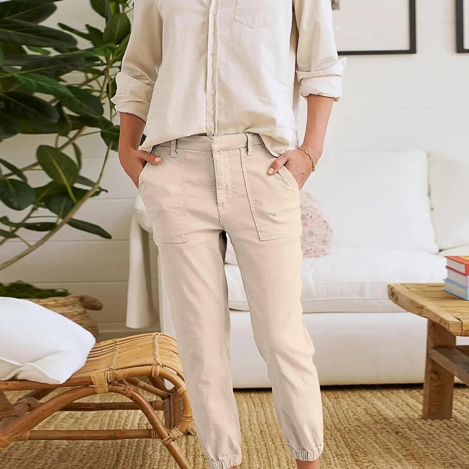 Trendy Jogger Pant for Women Elastic Waist Office Work Travel Party Trouser Daily Regular Slim Fit Cuffed Casual Pant