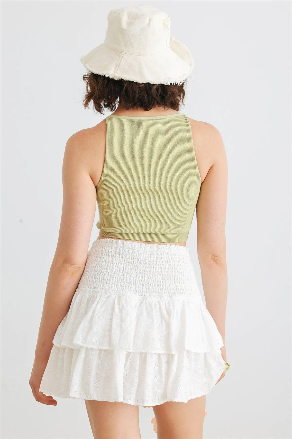 White Floral Cotton Smocked Tiered Mini Skirt /1-2-2-1