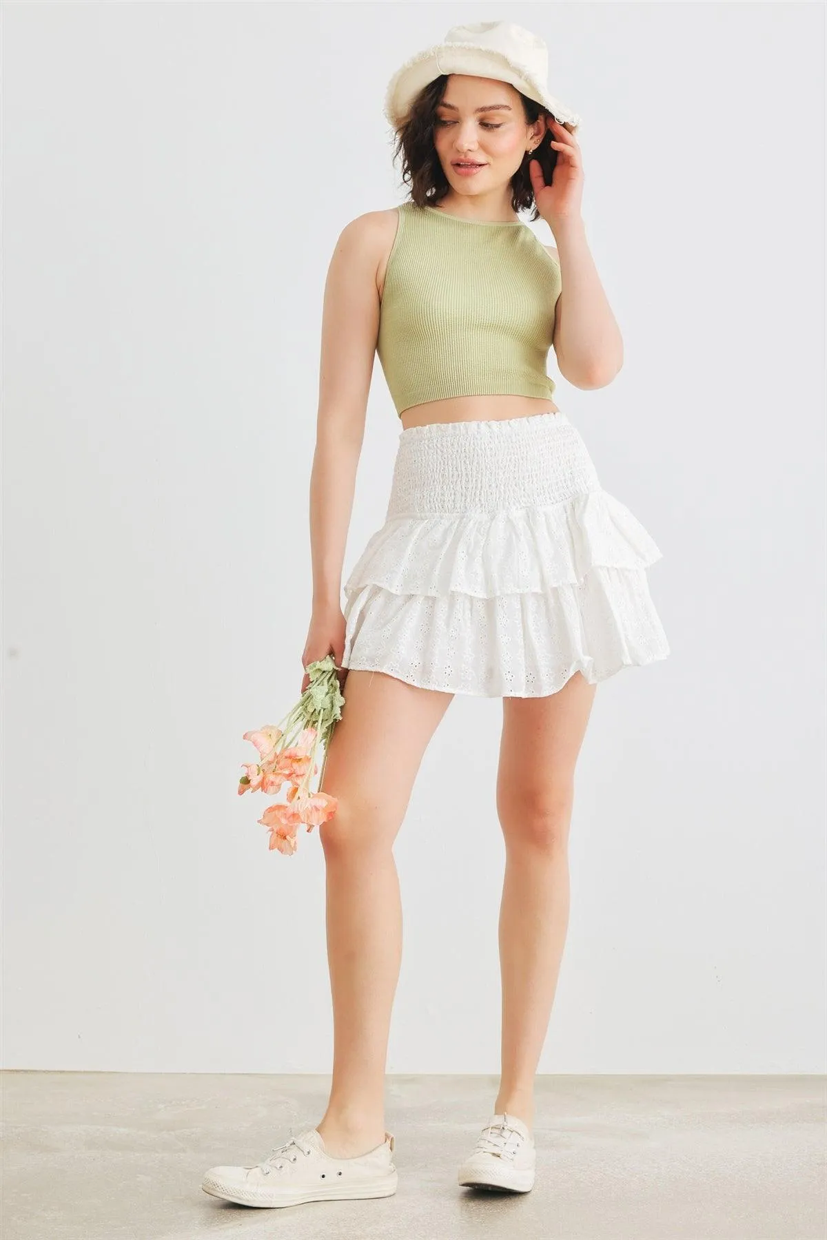 White Floral Cotton Smocked Tiered Mini Skirt /1-2-2-1