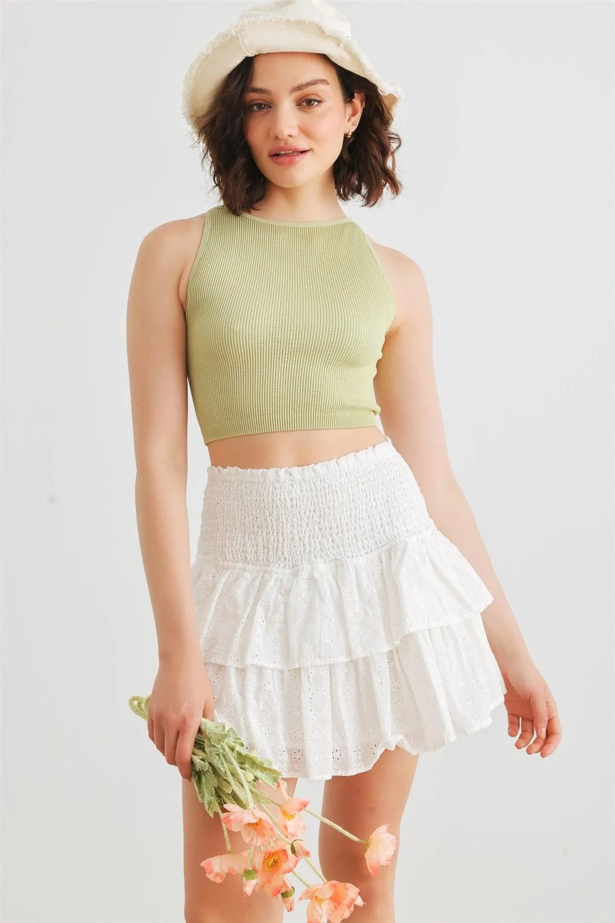White Floral Cotton Smocked Tiered Mini Skirt /1-2-2-1