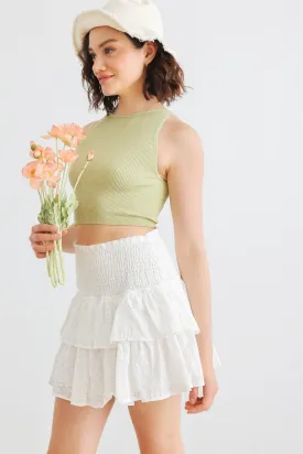 White Floral Cotton Smocked Tiered Mini Skirt /1-2-2-1