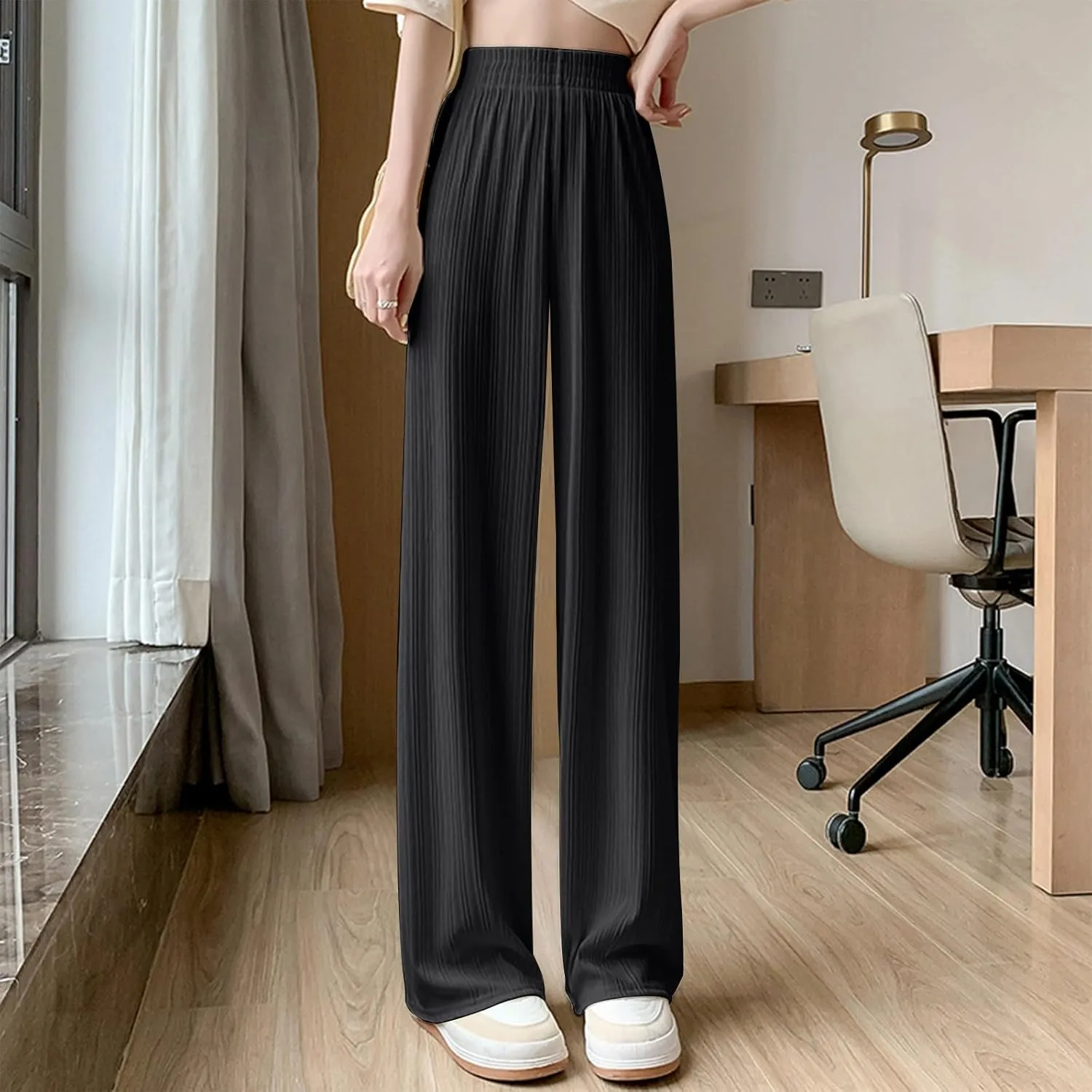 Wide Leg Pants for Women Summer High Waist Elastic Loose Fit Ice Silk Lounge Trouser Flowy Straight Palazzo Pants