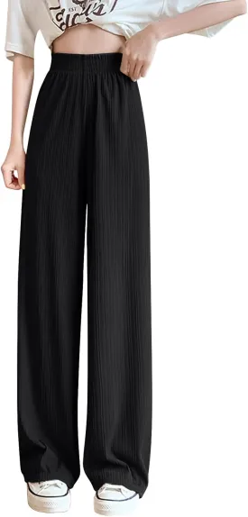 Wide Leg Pants for Women Summer High Waist Elastic Loose Fit Ice Silk Lounge Trouser Flowy Straight Palazzo Pants