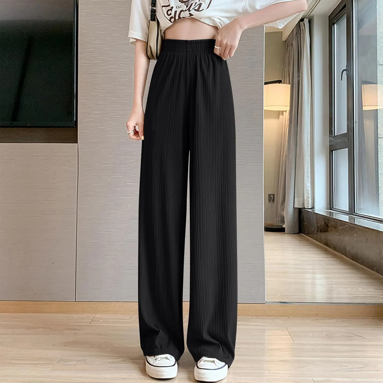 Wide Leg Pants for Women Summer High Waist Elastic Loose Fit Ice Silk Lounge Trouser Flowy Straight Palazzo Pants
