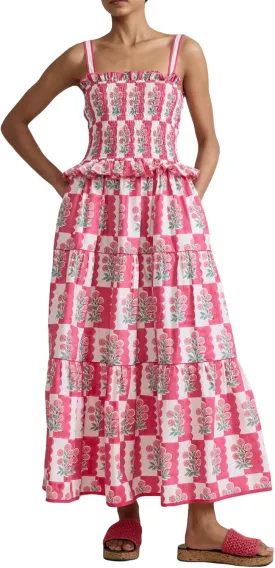 Women Floral Tie Shoulder Maxi Dress Sleeveless Square Neck Smocked Long Dress Boho Flowy Beach Sundress