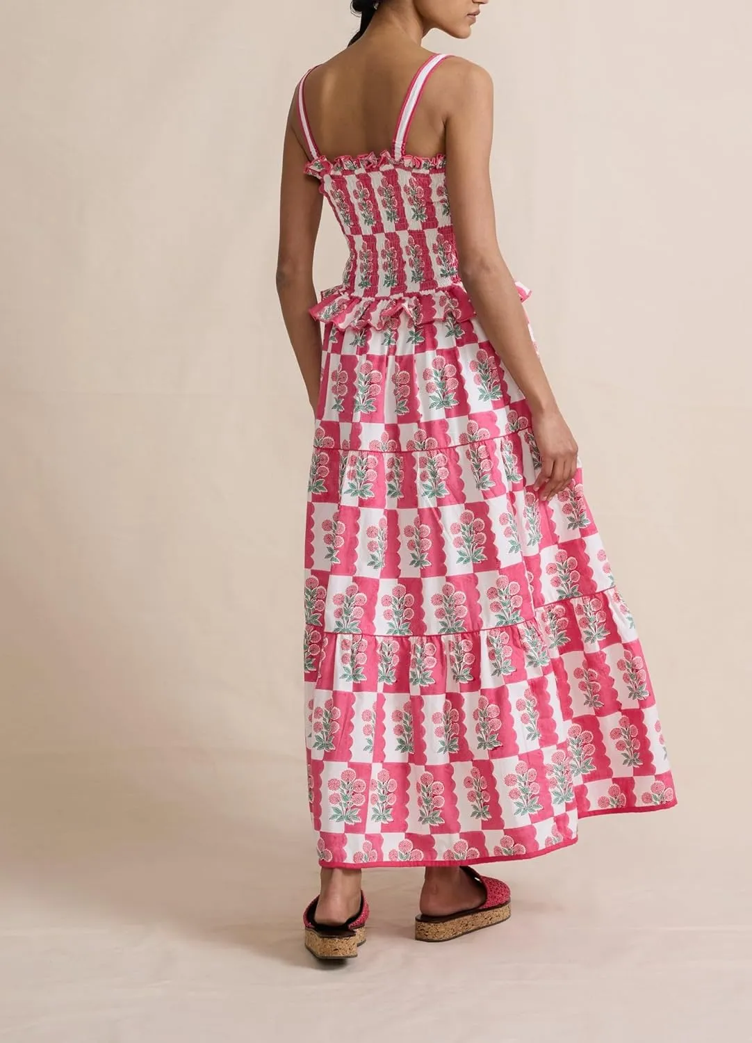 Women Floral Tie Shoulder Maxi Dress Sleeveless Square Neck Smocked Long Dress Boho Flowy Beach Sundress