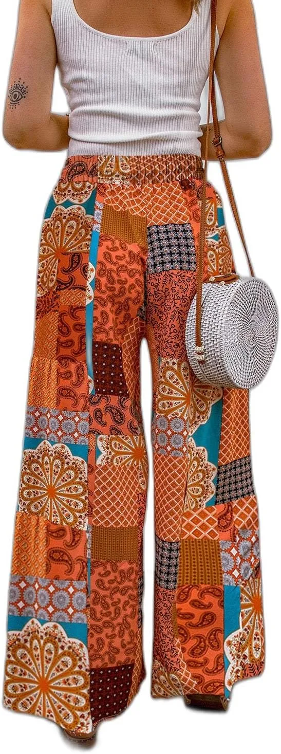 Women's Boho Pockets Pants, Adjustable Knot Flowy Trousers, Floral Print Wide Leg Elastic Drawstring Waist Lounge Joggers