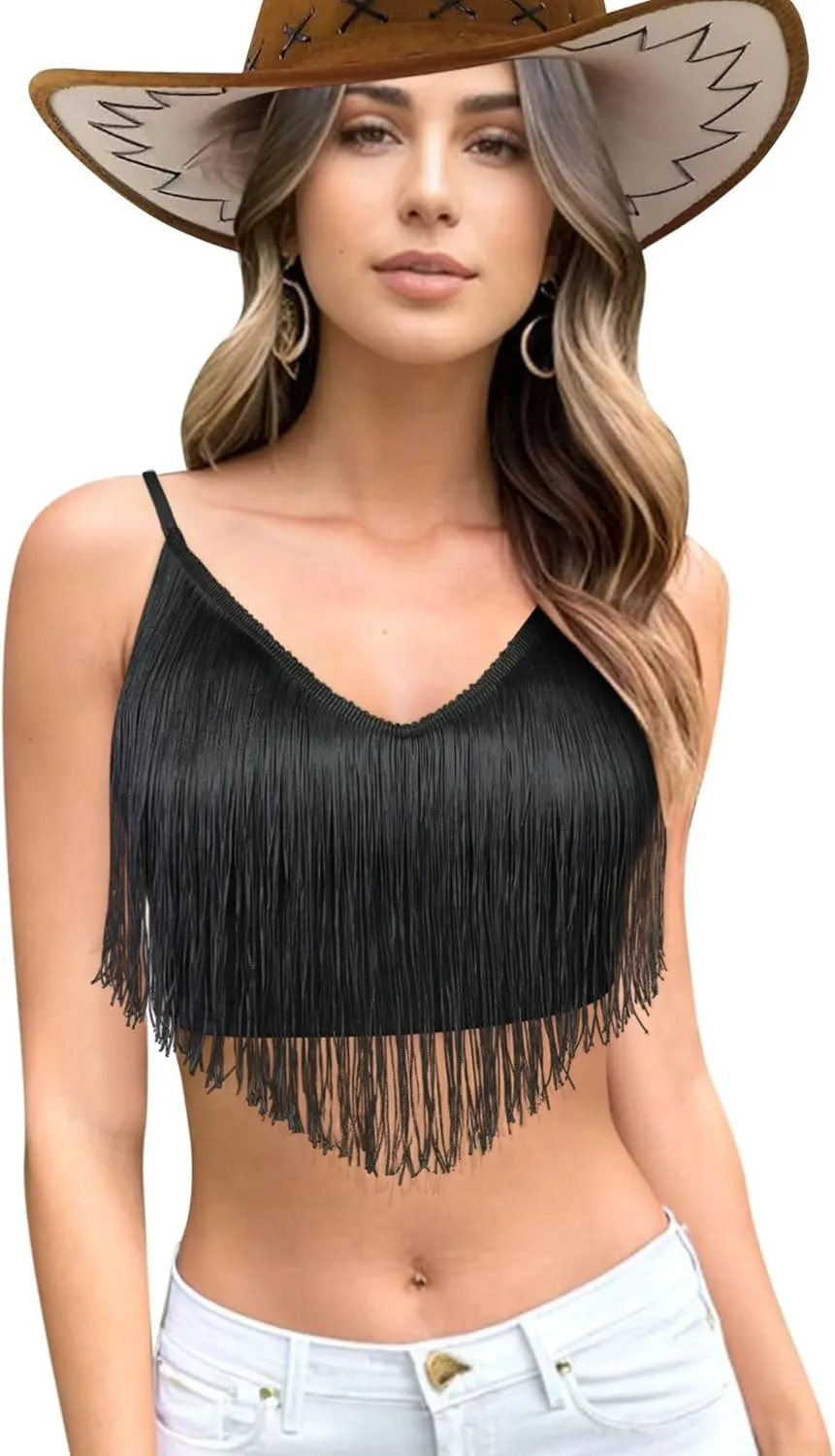 Womens Fringe Western Cowgirl Crop Top - Country Concert Outfit Tassel Hem Tank Nashville Festival Rodeo Shirt