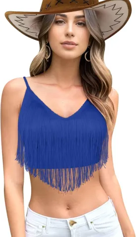 Womens Fringe Western Cowgirl Crop Top - Country Concert Outfit Tassel Hem Tank Nashville Festival Rodeo Shirt