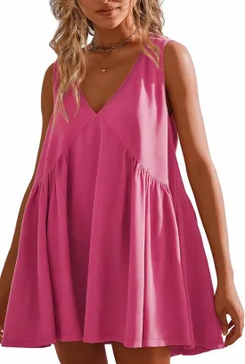Womens Summer Sleeveless Mini Dress Casual V Neck Loose Swing Flowy Pleated Dresses Beach Sundress with Pockets