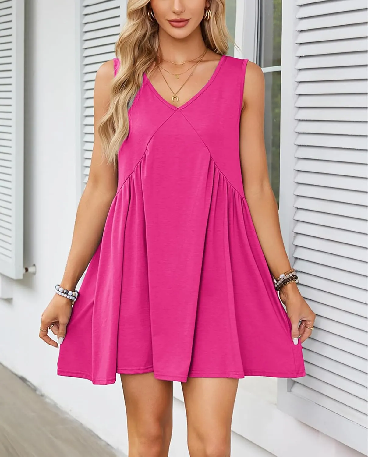Womens Summer Sleeveless Mini Dress Casual V Neck Loose Swing Flowy Pleated Dresses Beach Sundress with Pockets