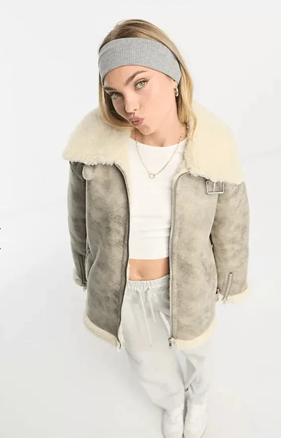 Women's White Distressed Bomber Leather Jacket