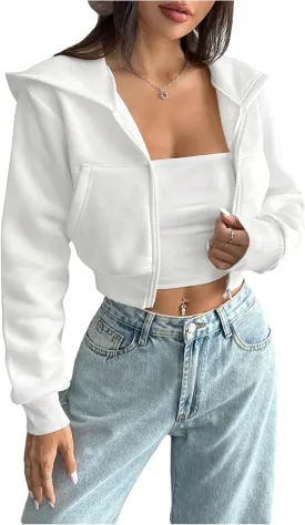 Women's Zip Up Cropped Hoodie Long Sleeve Hooded Sweatshirts Casual Crop Jackets