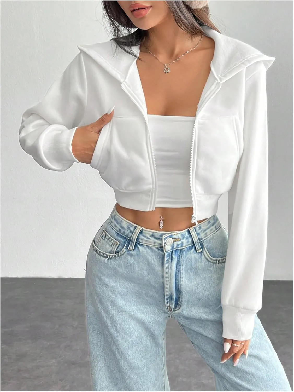 Women's Zip Up Cropped Hoodie Long Sleeve Hooded Sweatshirts Casual Crop Jackets
