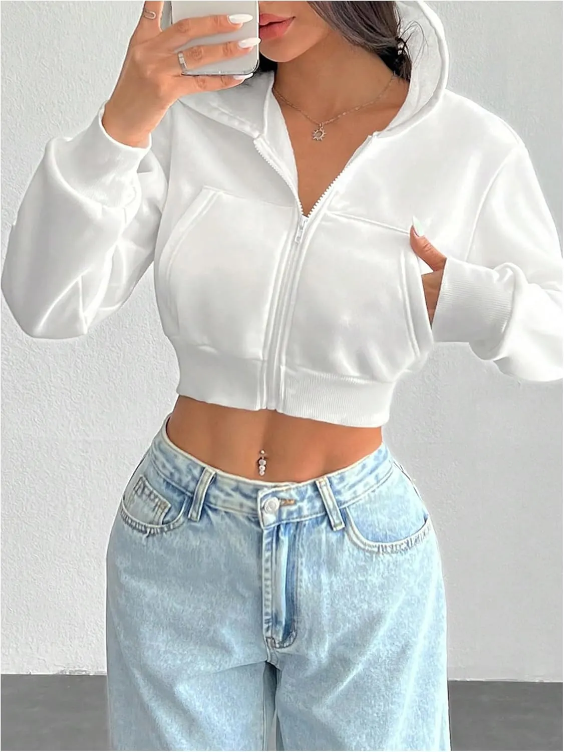 Women's Zip Up Cropped Hoodie Long Sleeve Hooded Sweatshirts Casual Crop Jackets