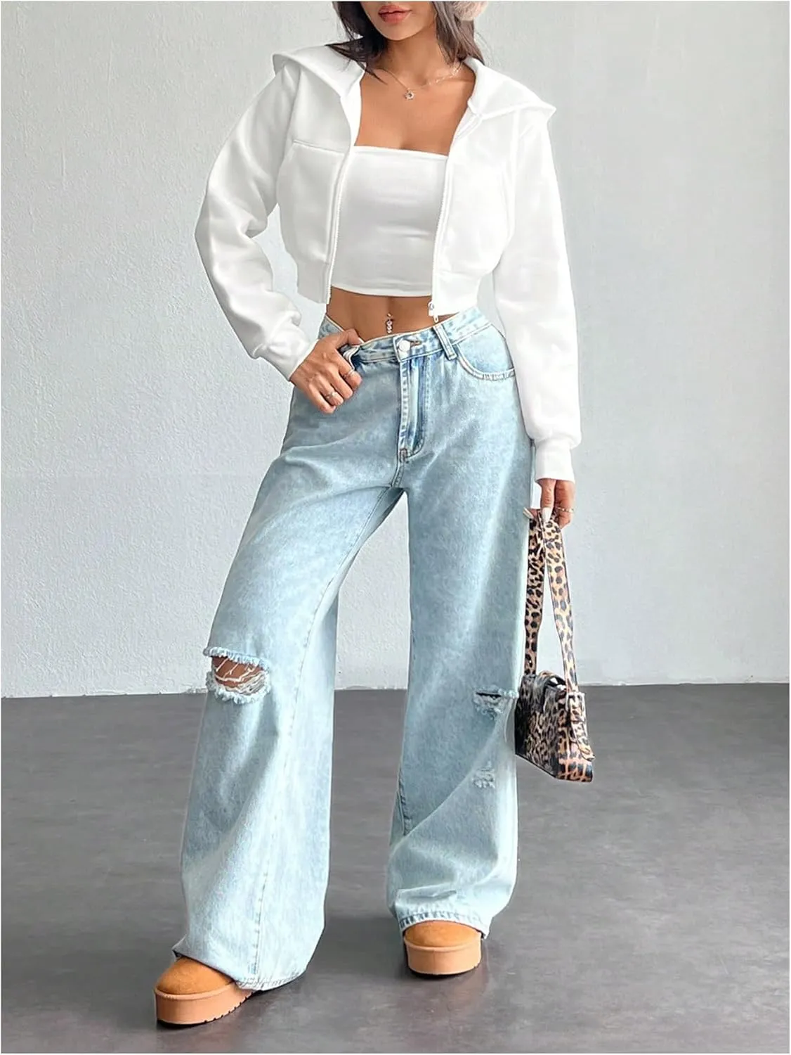 Women's Zip Up Cropped Hoodie Long Sleeve Hooded Sweatshirts Casual Crop Jackets