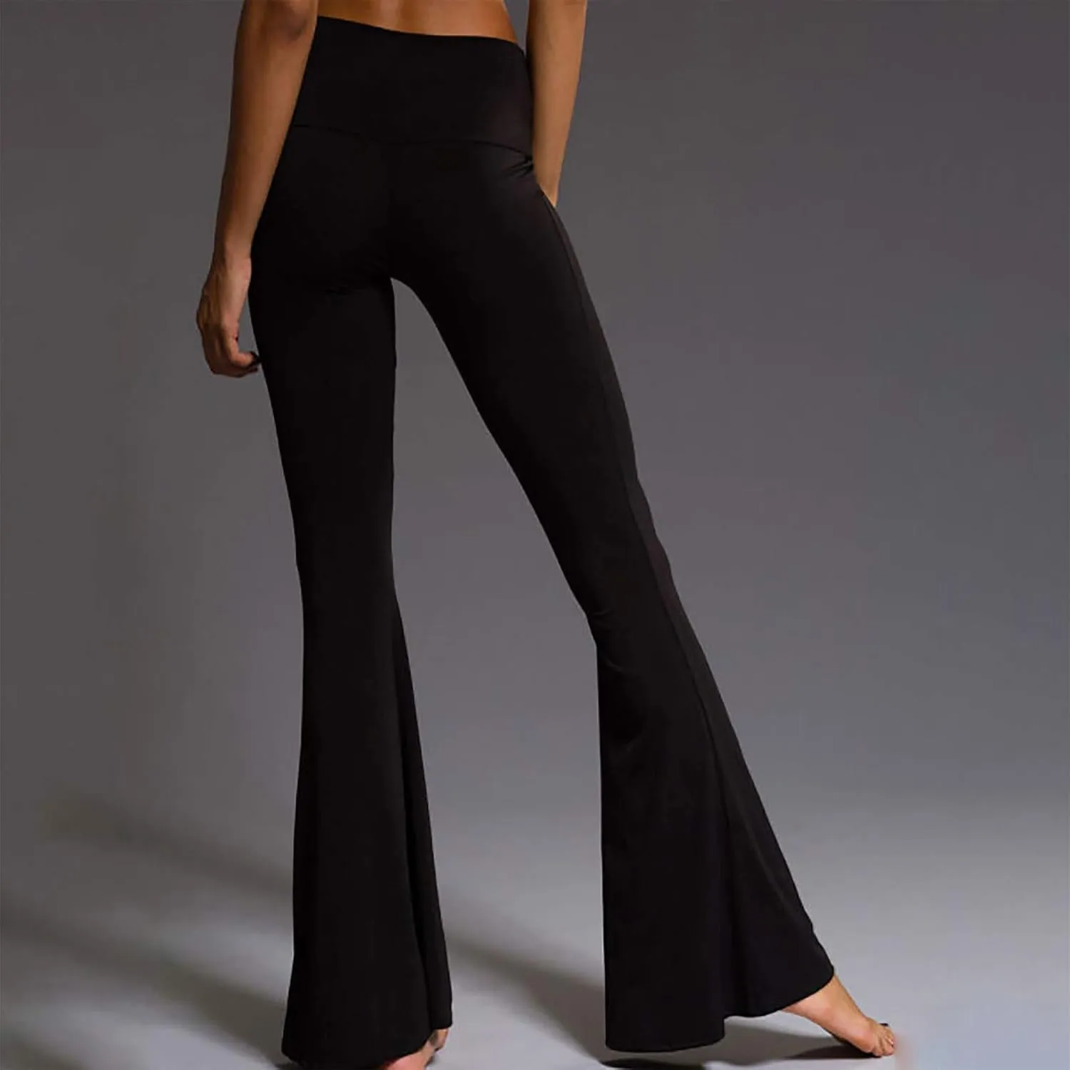 Womens Zipper Crotch Elastic Long Flared Pants Yoga Sportwear Bell-Bottomed Trousers