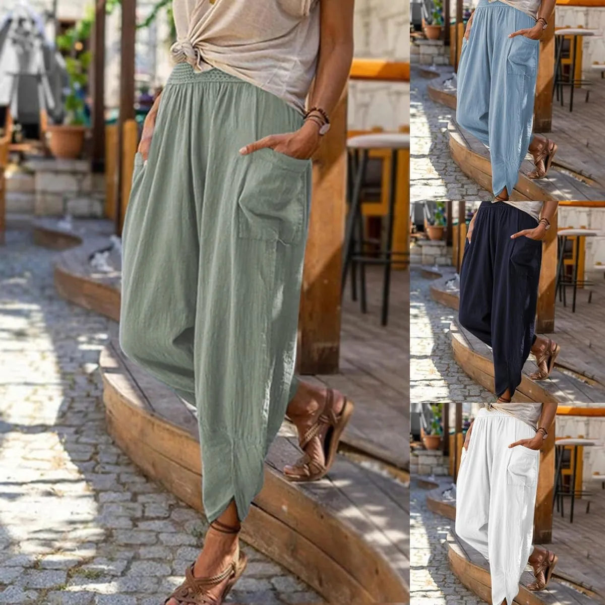 ZOCAVIA Women's Cotton Linen Capri Pants Summer Lightweight Elastic Waist Palazzo Harem Pants Baggy Trousers with Pockets