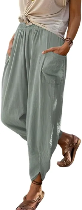 ZOCAVIA Women's Cotton Linen Capri Pants Summer Lightweight Elastic Waist Palazzo Harem Pants Baggy Trousers with Pockets