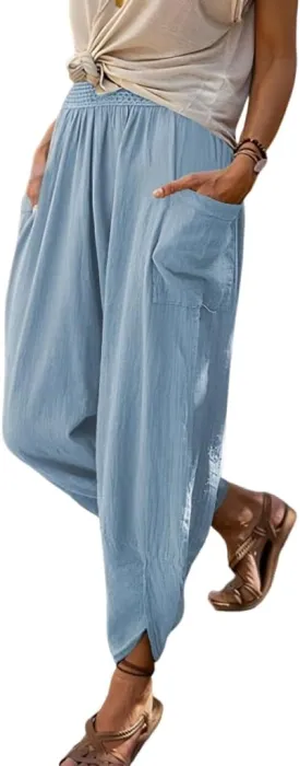 ZOCAVIA Women's Cotton Linen Capri Pants Summer Lightweight Elastic Waist Palazzo Harem Pants Baggy Trousers with Pockets